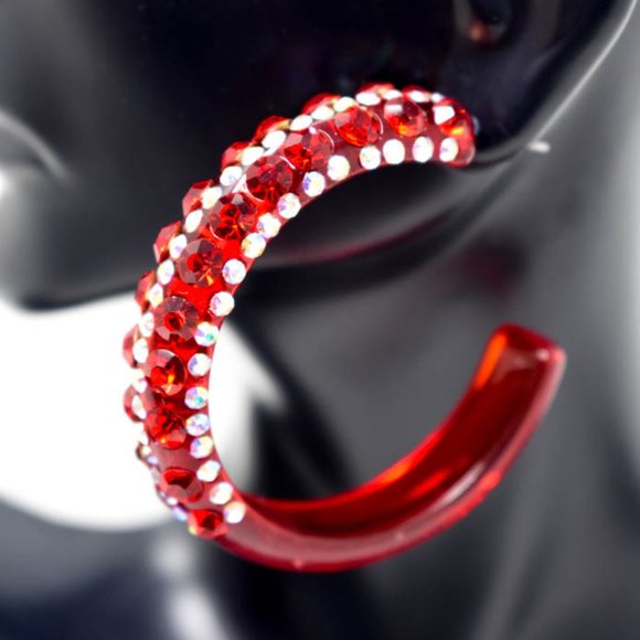 2" Clear Red AB/Red Lucite Rhinestone Hoop Earring - Picture 9 of 11